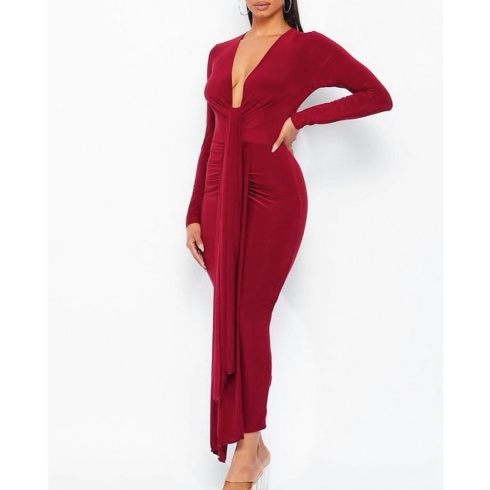 WIN WIN maroon deep-v long sleeve dress